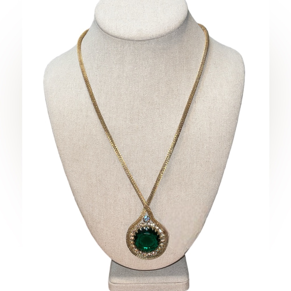 Vintage Rhinestone and Green Glass Necklace